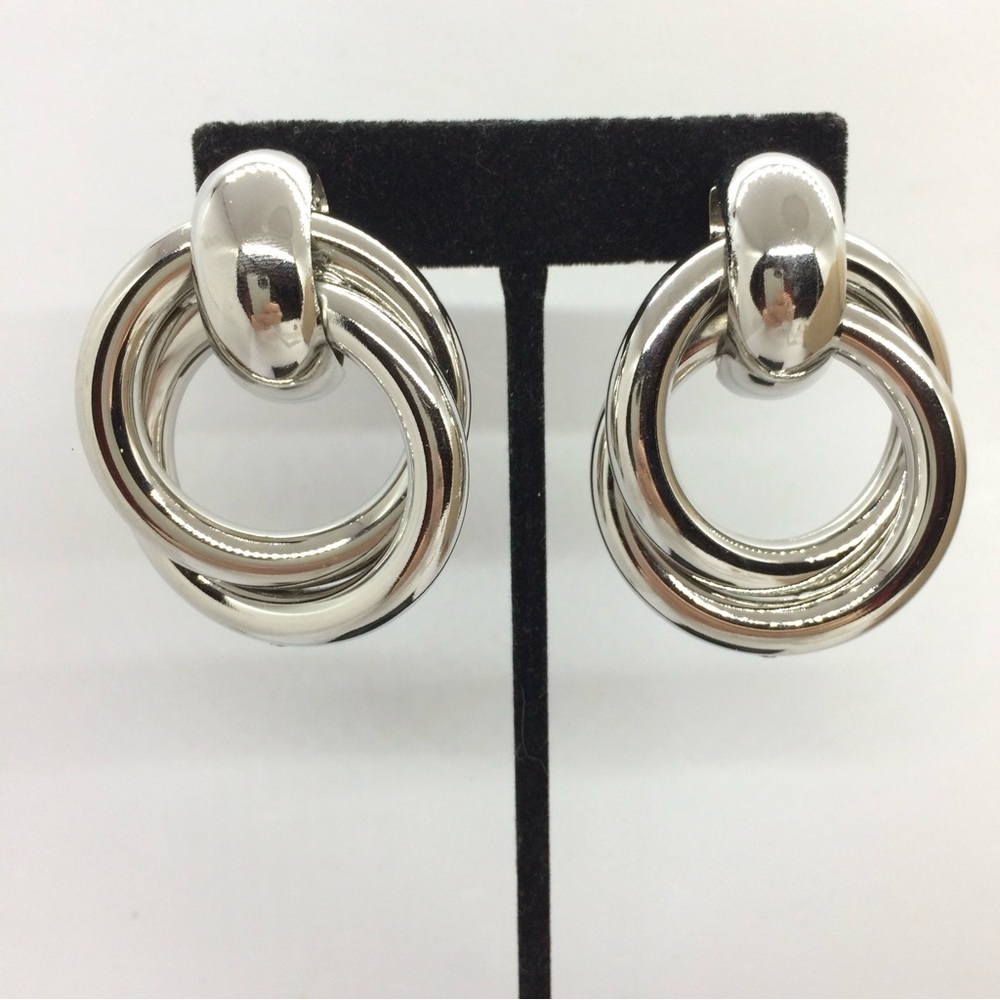 VINTAGE 80S 90S LARGE HOOP EARRINGS DOUBLE CIRCLES SILVER TONE STATEMENT - Picture 5 of 13